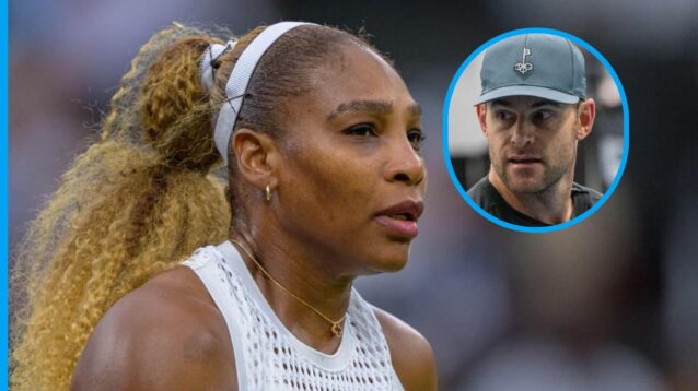 Pictured: Serena Williams looks on, with Andy Roddick (inset)