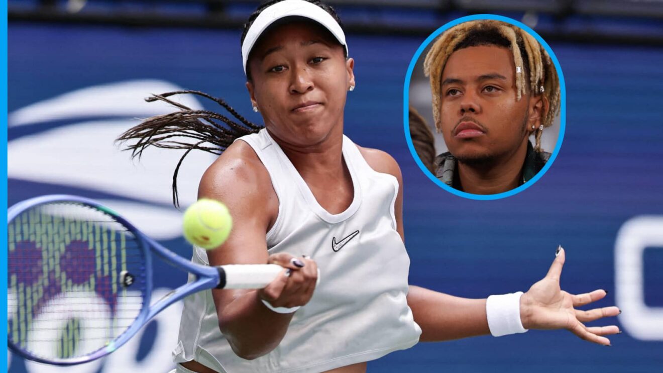 Pictured: Naomi Osaka hits a forehand, with ex-boyfriend and rapper Cordae (inset)