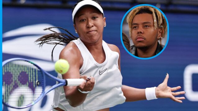 Pictured: Naomi Osaka hits a forehand, with ex-boyfriend and rapper Cordae (inset)