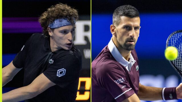 Pictured: Ugo Humbert takes on Novak Djokovic in Basel