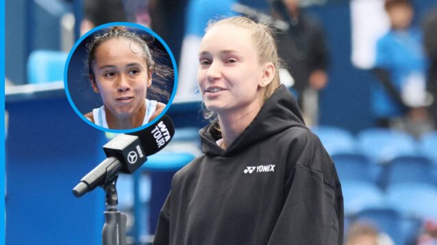 Pictured: Elena Rybakina withdraws from the Pan Pacific Open, with Leylah Fernandez (inset)