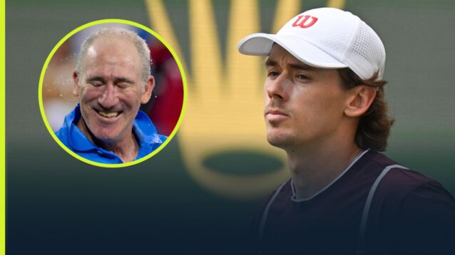Alex de Minaur at the Shanghai Masters with an inset of Brad Gilbert.
