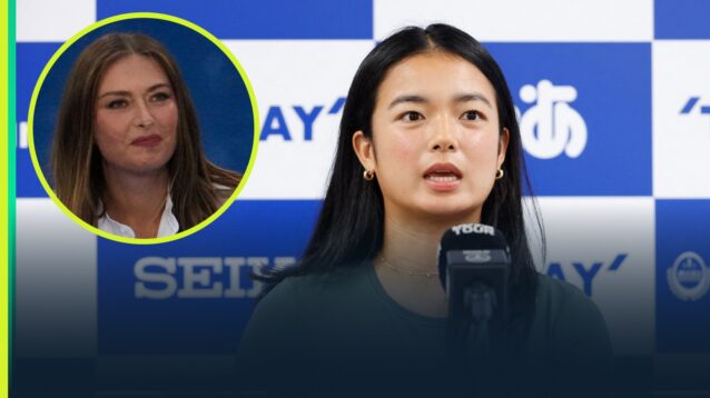 Alex Eala speaking to press at the 2026 Pan Pacific Open with an inset of Maria Sharapova.