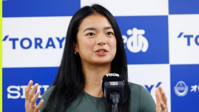 Alex Eala speaks at a press conference in Tokyo