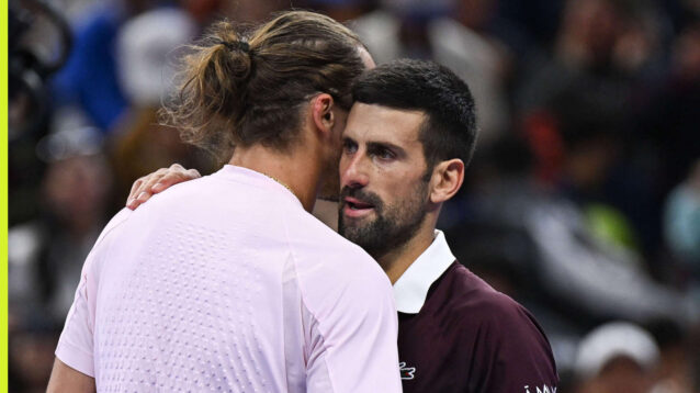 Pictured: Alexander Zverev and Novak Djokovic hug after their match