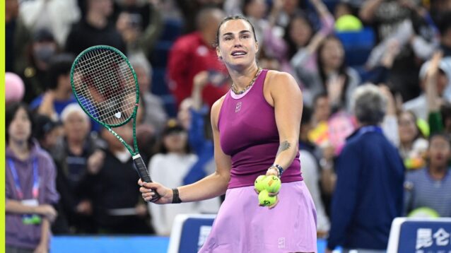 Aryna Sabalenka celebrating a victory at the 2026 China Open.