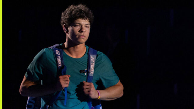 Pictured: Ben Shelton arrives on court
