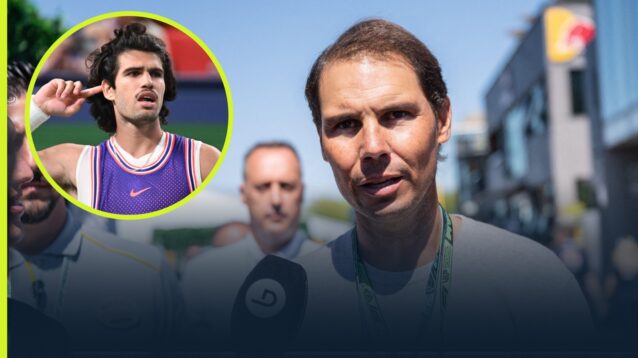 Rafael Nadal with an inset of Carlos Alcaraz.