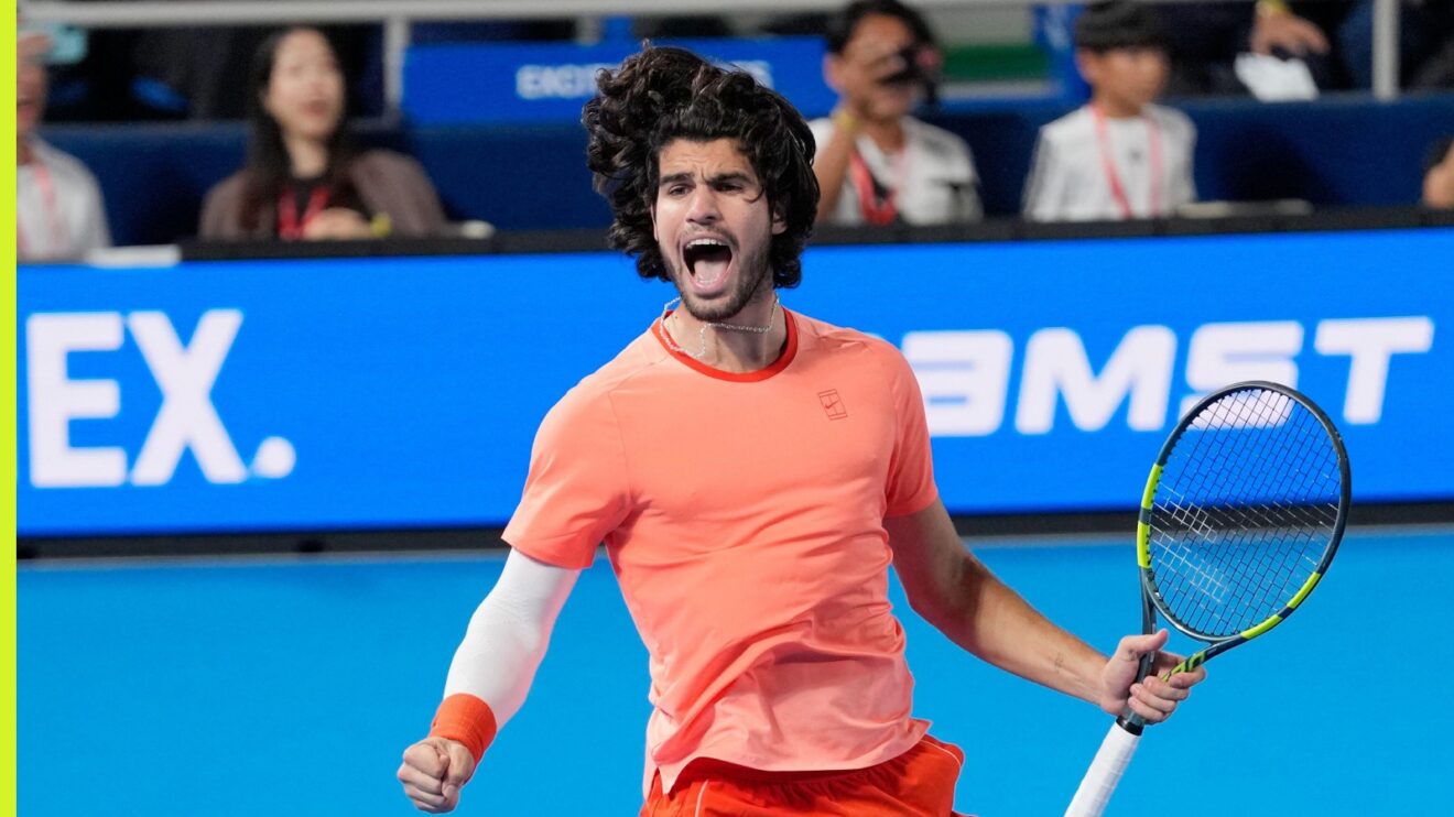 Carlos Alcaraz celebrating his 2026 Japan Open title win.