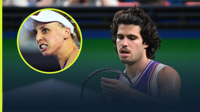 Carlos Alcaraz at the Shanghai Masters with an inset of Naomi Broady.