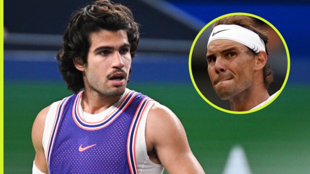 Carlos Alcaraz at the Shanghai Masters with an inset of Rafael Nadal.