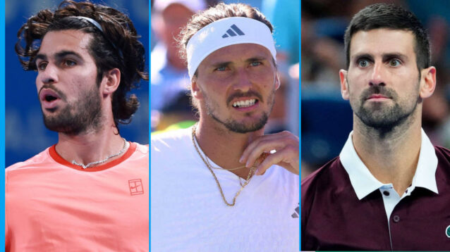 Pictured: Carlos Alcaraz, Alexander Zverev and Novak Djokovic