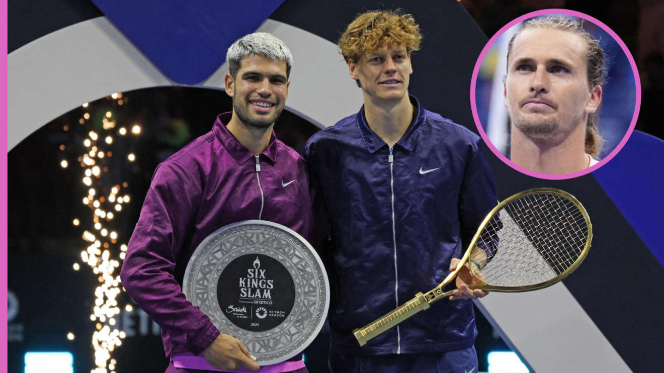 Pictured: Carlos Alcaraz and Jannik Sinner at Six Kings Slam with inset of Alexander Zverev