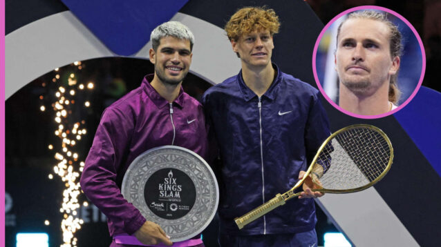 Pictured: Carlos Alcaraz and Jannik Sinner at Six Kings Slam with inset of Alexander Zverev
