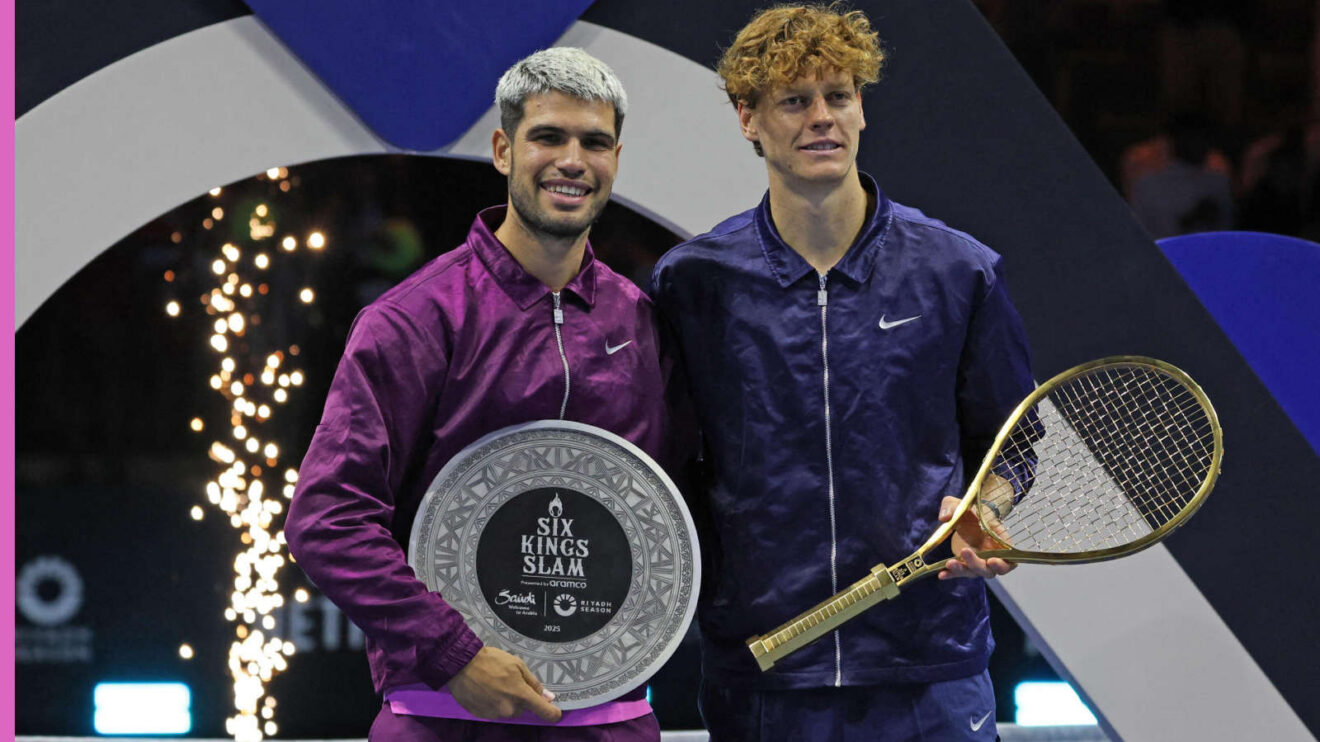 Pictured: Carlos Alcaraz and Jannik Sinner with 2025 Six Kings Slam trophies