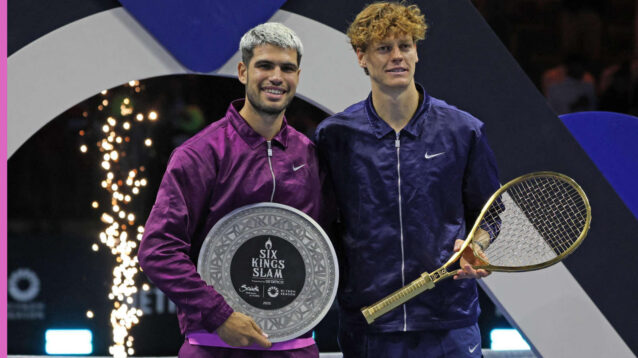 Pictured: Carlos Alcaraz and Jannik Sinner with 2025 Six Kings Slam trophies