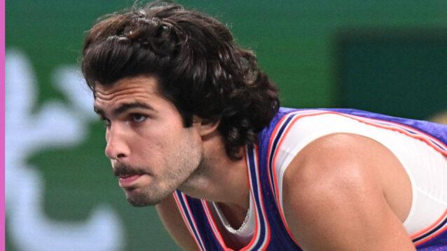 Pictured: Carlos Alcaraz reacts during a match