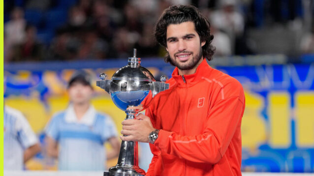 Pictured: Carlos Alcaraz with the Japan Open trophy