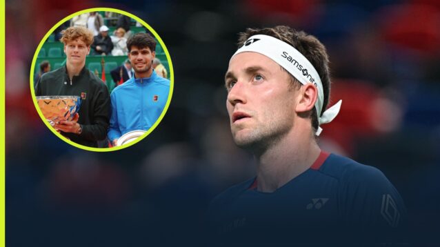 Casper Ruud at the 2026 Shanghai Masters with an inset of Jannik Sinner and Carlos Alcaraz.