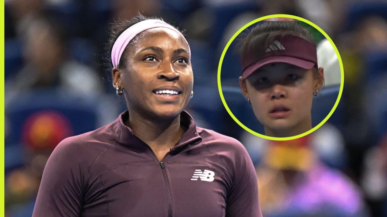 Pictured: Coco Gauff smiles, with an upset Xinran Sun (inset)