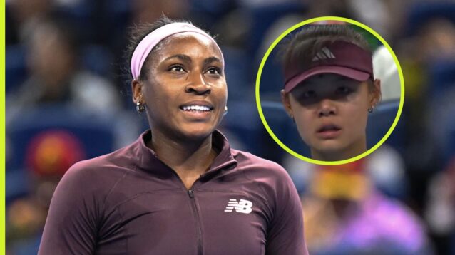 Pictured: Coco Gauff smiles, with an upset Xinran Sun (inset)