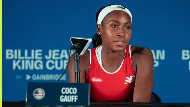 Pictured: Coco Gauff attends a press conference