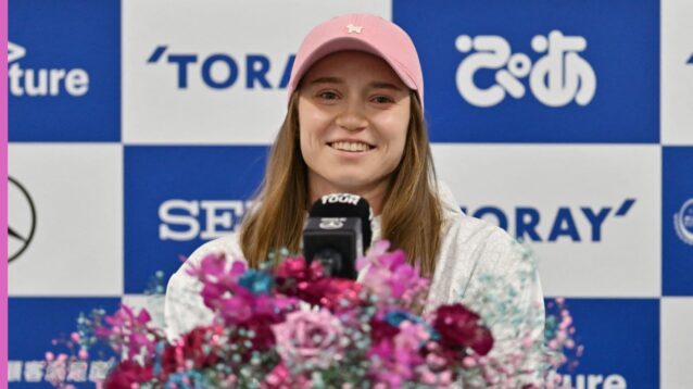 Elena Rybakina speaks at a press conference