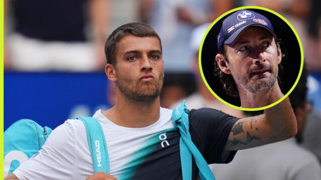 Flavio Cobolli with an inset of Juan Carlos Ferrero.