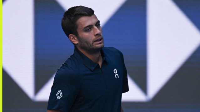 Pictured: Flavio Cobolli reacts during a match