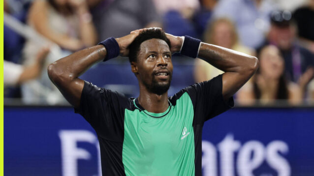Pictured: Gael Monfils reacts after a match