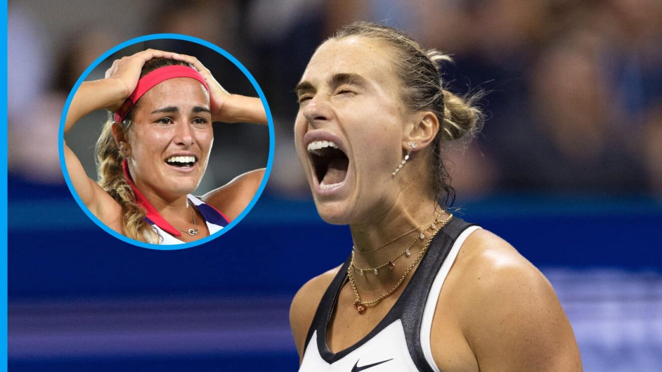 Pictured: An angry Aryna Sabalenka, with Monica Puig (inset)