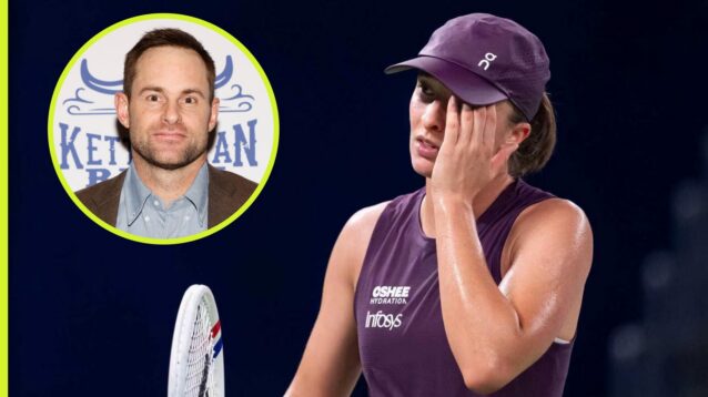 Iga Swiatek at the 2026 Wuhan Open with an inset of Andy Roddick.