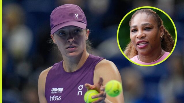 Iga Swiatek with an inset of Serena Williams.