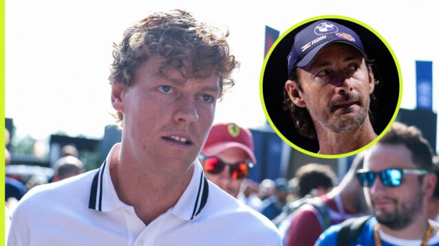 Jannik Sinner at the Italian Grand Prix with an inset of Juan Carlos Ferrero.