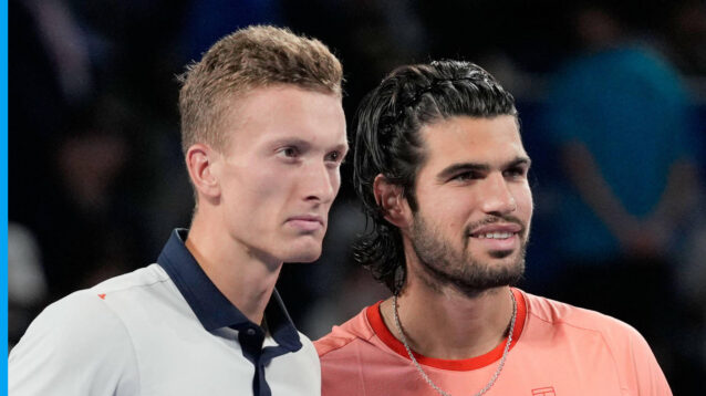 Pictured: Jiri Leheckha and Carlos Alcaraz ahead of their match