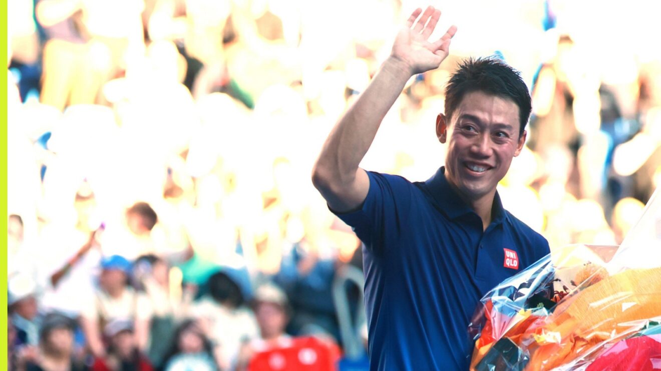 Kei Nishikori waving goodbye to fans at the 2026 Japan Open.