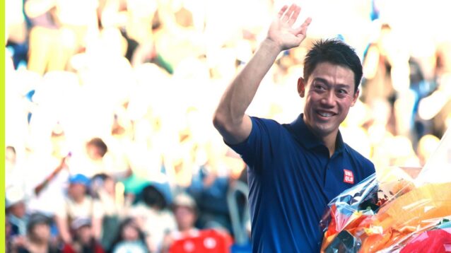 Kei Nishikori waving goodbye to fans at the 2026 Japan Open.