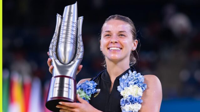 Maja Chwalinska celebrates with the Wuhan Open trophy