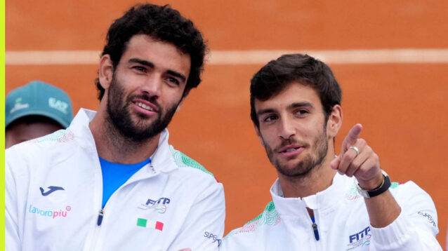 Pictured: Matteo Berrettini and Lorenzo Musetti during a presentation ceremony