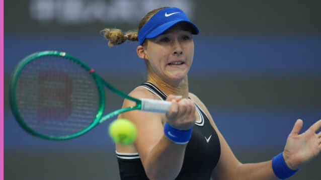 Pictured: Mirra Andreeva plays a shot