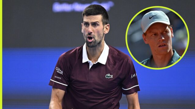 Novak Djokovic at the 2026 China Open with an inset of Jannik Sinner.