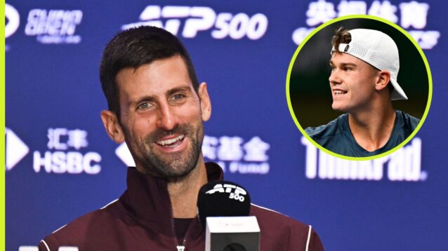 Novak Djokovic at the China Open with an inset of Holger Rune.