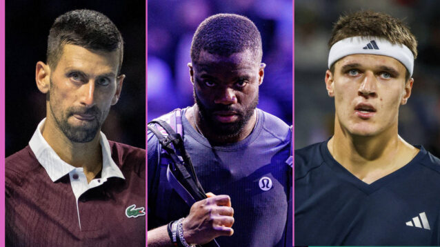 Pictured: Novak Djokovic, Frances Tiafoe and Jakub Mensik