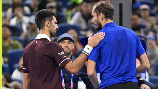 Pictured: Novak Djokovic and Daniil Medvedev after their match