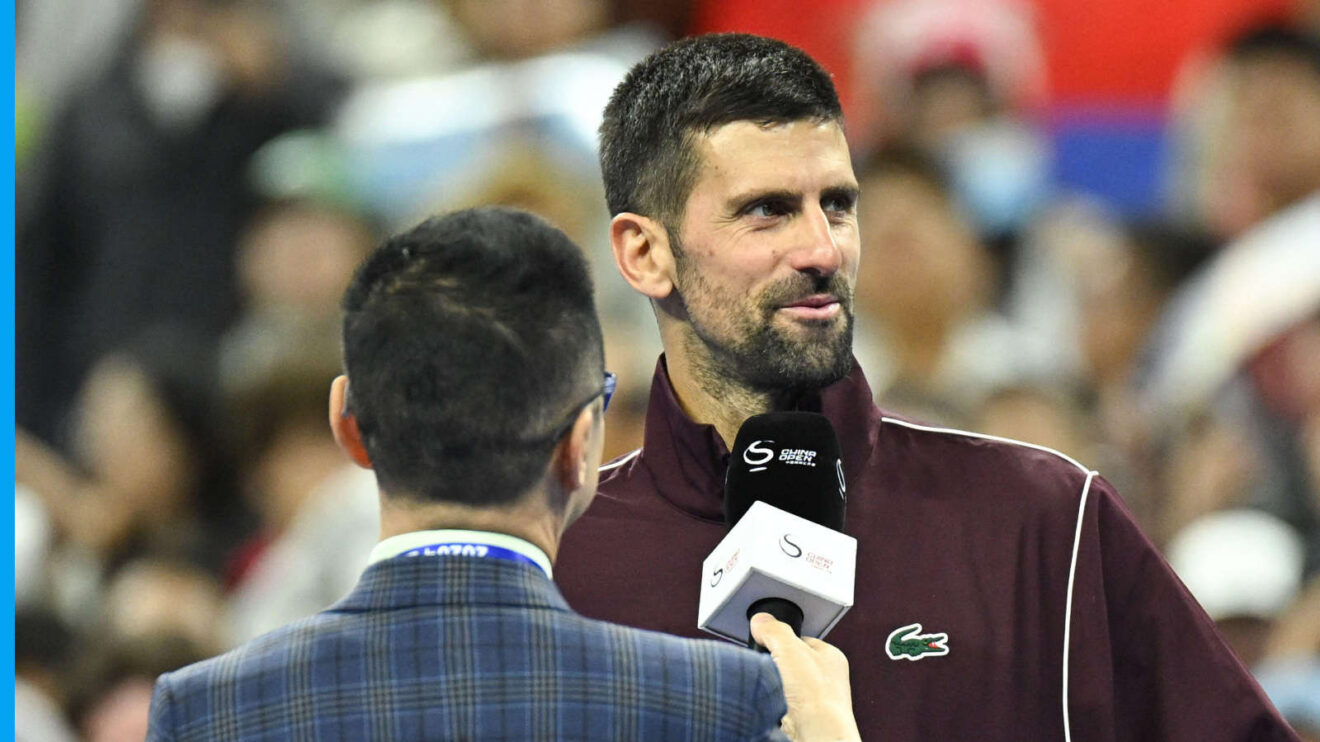 Pictured: Novak Djokovic during a post-match interview