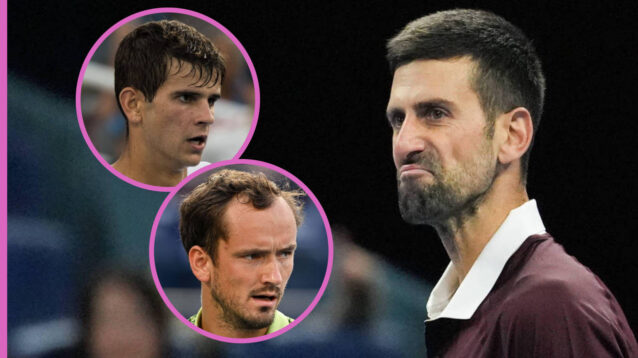 Pictured: Novak Djokovic with insets of Rafael Jodar and Daniil Medvedev