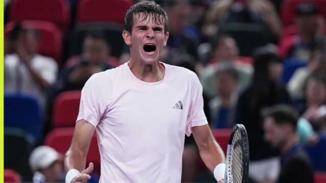 Rafael Jodar celebrating his victory against Daniil Medvedev in the Shanghai Masters semifinals.