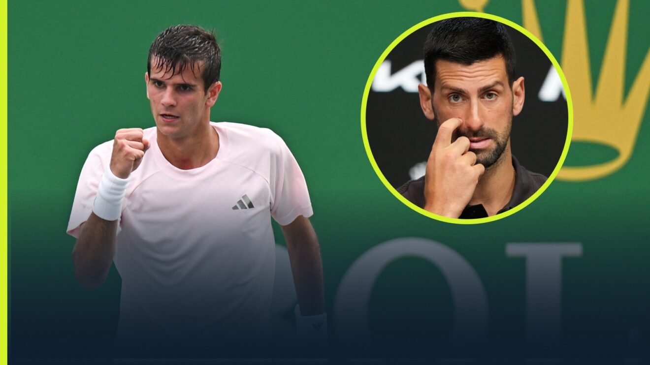 Rafael Jodar at the Shanghai Masters with an inset of Novak Djokovic.