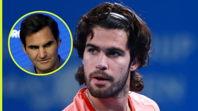 Pictured: Roger Federer (inset), with Carlos Alcaraz