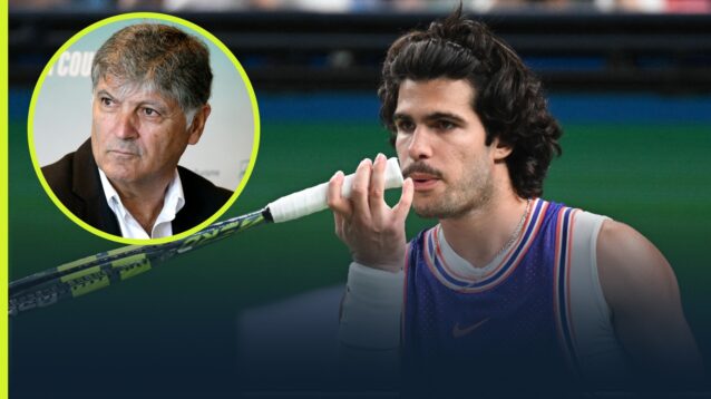 Carlos Alcaraz at the 2026 Shanghai Masters with an inset of Toni Nadal.